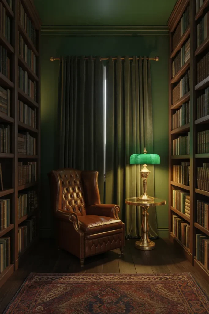 Dark Academia reading shed with forest green walls and brown leather Chesterfield chair