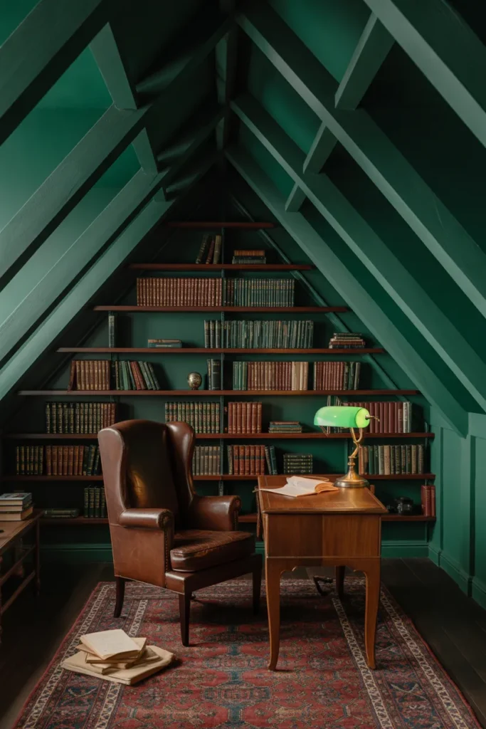 Dark academia attic library reading nook under sloped ceiling with green walls and leather chair