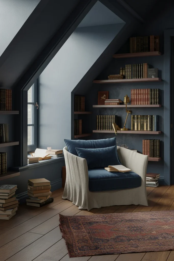 Dark academia attic reading nook with charcoal sloped ceilings, dormer window, low reading chair, and floating bookshelves
