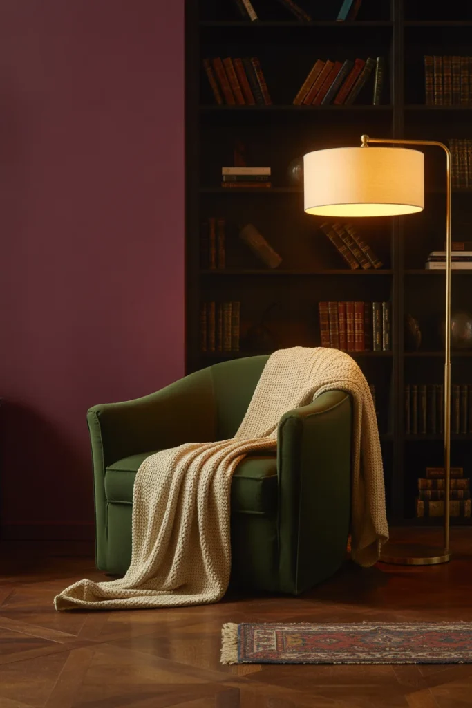 Dark academia bedroom reading corner with green velvet armchair, brass floor lamp, and aubergine painted accent wall