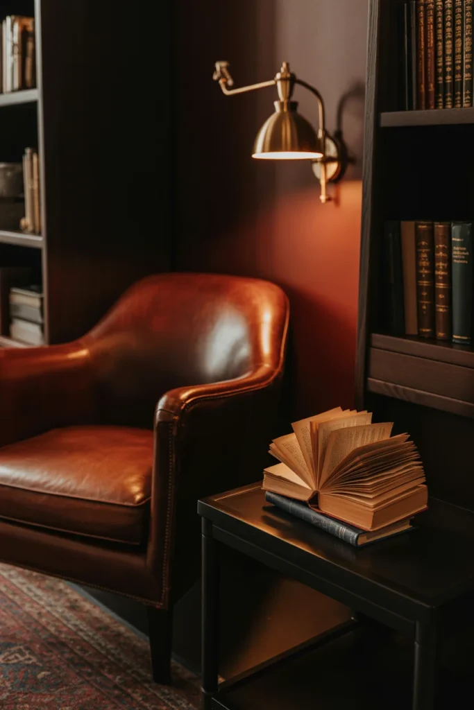 Dark academia bedroom reading nook at night with leather chair and warm adjustable wall sconce lighting
