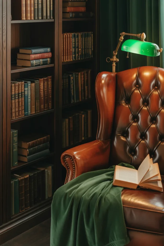 Dark academia bedroom reading nook with leather wingback chair, walnut bookshelf, and brass desk lamp