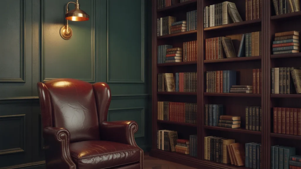 Dark academia reading nook with green walls, vintage leather chair, brass sconce, and floor-to-ceiling bookshelf