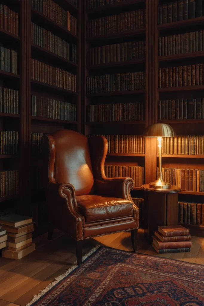 Dark academia reading nook with leather wingback chair, brass lamp, and floor-to-ceiling walnut bookshelves filled with vintage books