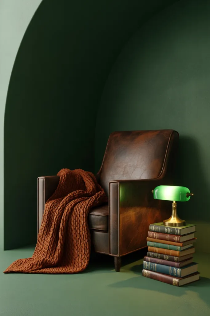 Dark academia reading nook with rust chunky knit throw blanket on vintage leather armchair and deep green walls.