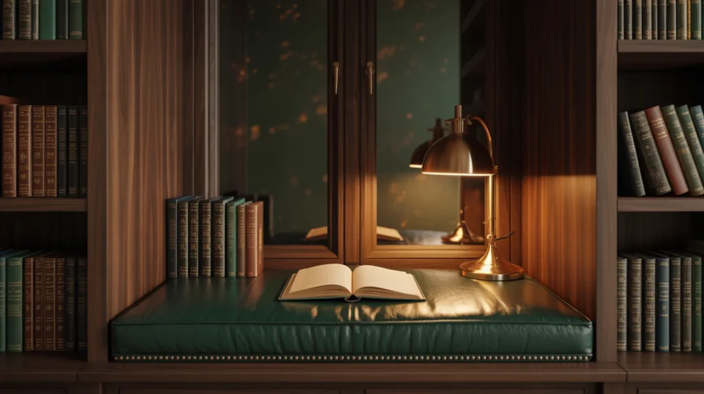 Dark academia window seat reading nook with walnut shelving, green leather cushion, and vintage books