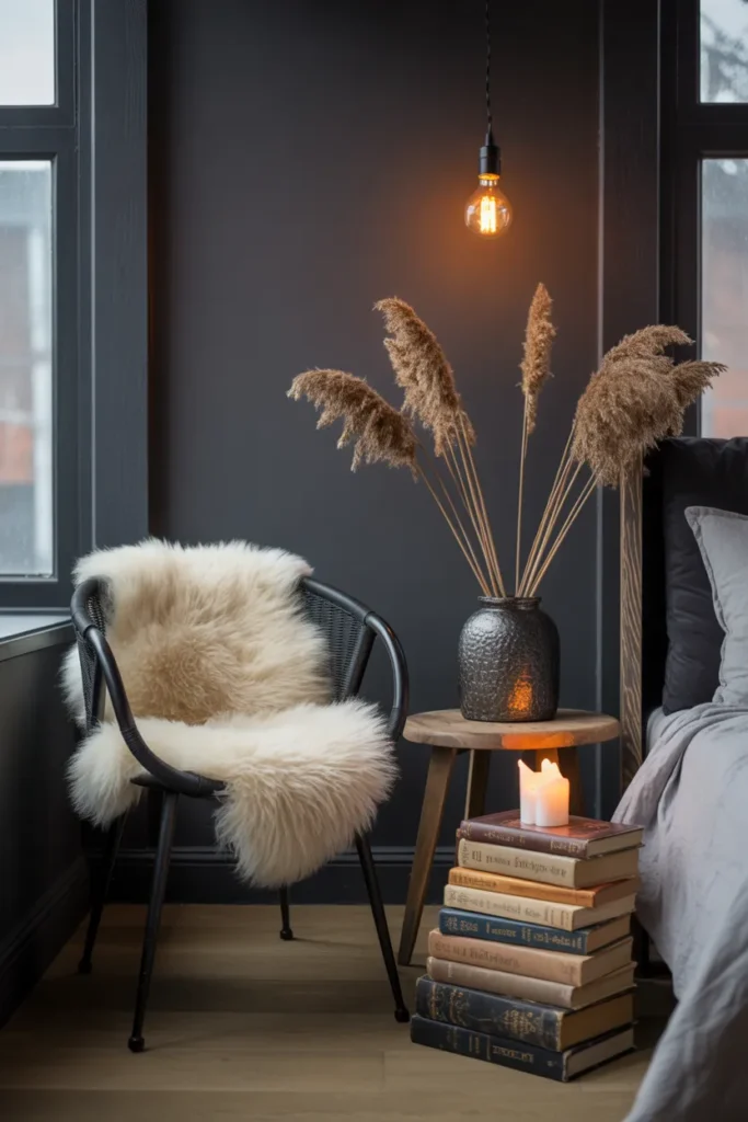 Dark boho reading nook with charcoal wall, sheepskin chair, and Edison pendant for witchy bedroom aesthetic