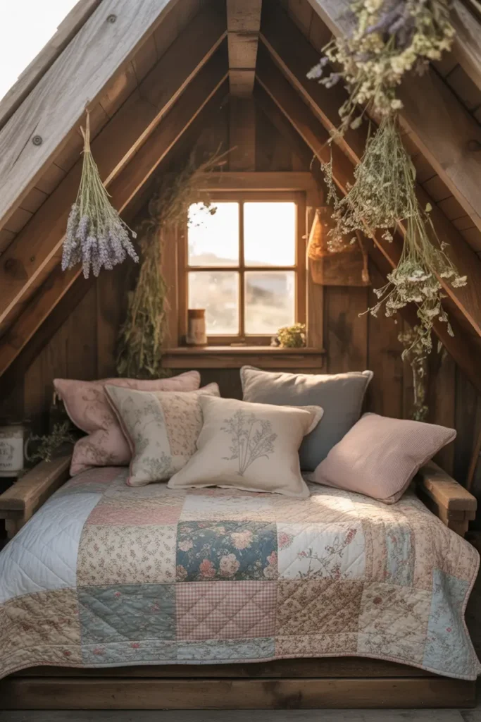 Dreamy cottagecore attic reading nook under wooden eaves with dried flower garlands and vintage quilt