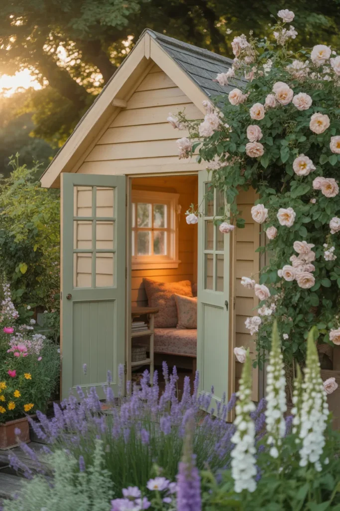 Dreamy garden reading shed at golden hour with cream paint, sage door, and climbing roses