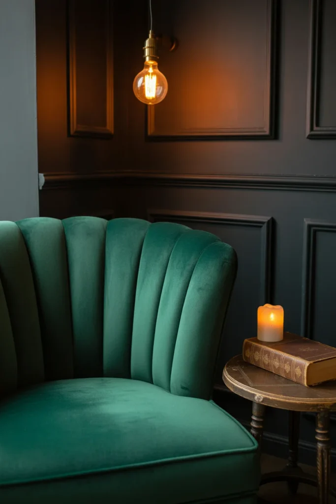 Emerald green channel-tufted velvet reading nook chair — stylish accent chairs for reading corners 2026