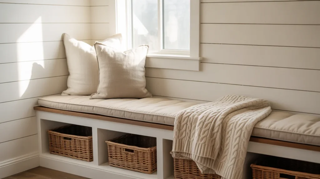 Farmhouse shiplap window seat reading nook with woven basket storage and linen cushion
