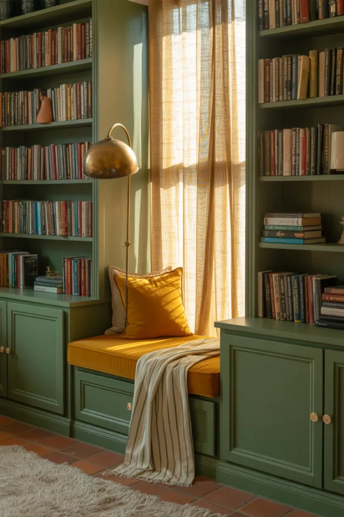 Finished IKEA reading nook with sage green Billy bookcase built ins and cozy window seat