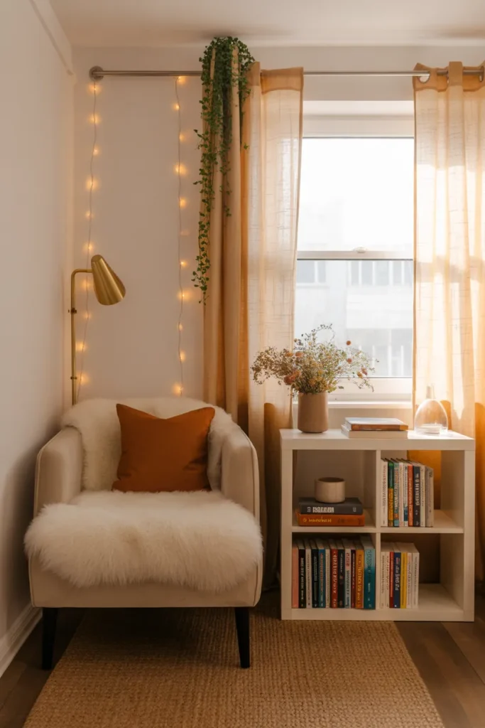 Finished cozy reading nook on a budget with cream chair, brass sconce, fairy lights, and Kallax shelf.