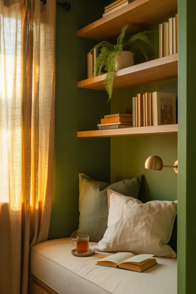 Finished reading nook closet conversion with forest green walls, linen curtains and warm brass lighting