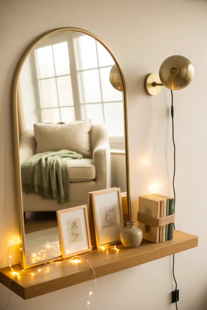 Finished reading nook wall decor with arched mirror sconce picture ledge and styled accents