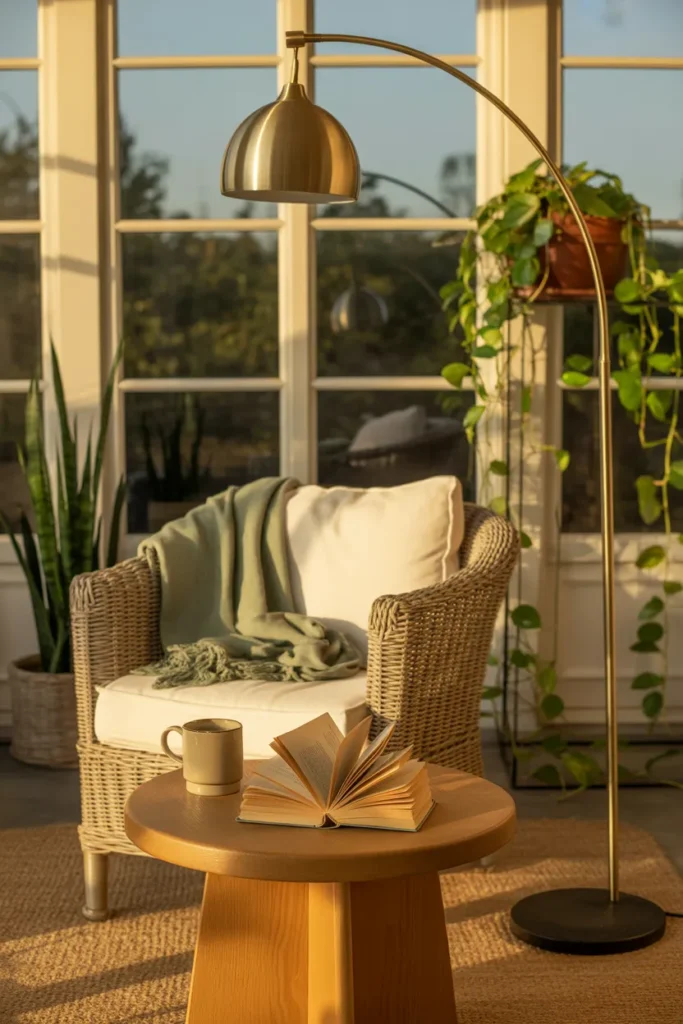 Finished sunroom reading nook setup with wicker chair, sage throw, snake plant, and golden hour light.