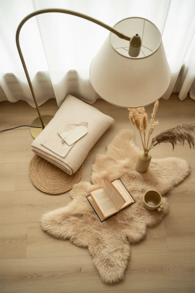 Flat lay of Scandinavian reading nook essentials including arched lamp, linen throw, and jute rug