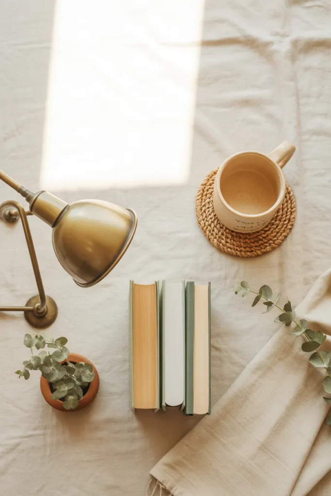 Flat lay of sunroom reading nook essentials including brass lamp, ceramic mug, and books.