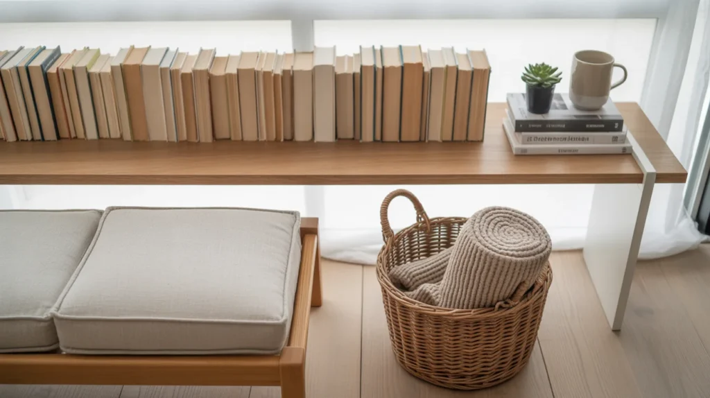 Floating bookshelves above a reading nook bench with a woven blanket basket in Scandinavian minimalist style