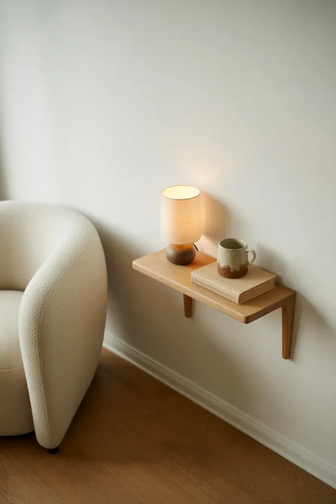 Floating oak shelf used as a side table beside a Scandinavian reading nook chair