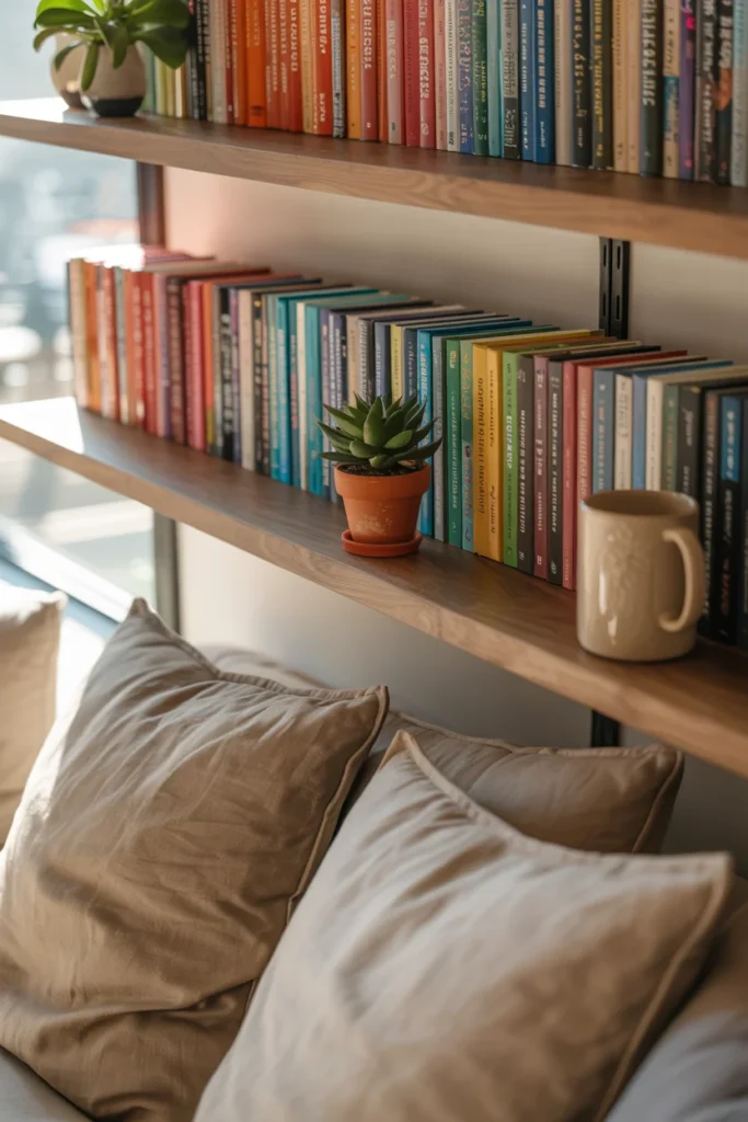 Floating wooden shelves above reading nook displaying color-arranged books potted plant and ceramic mug