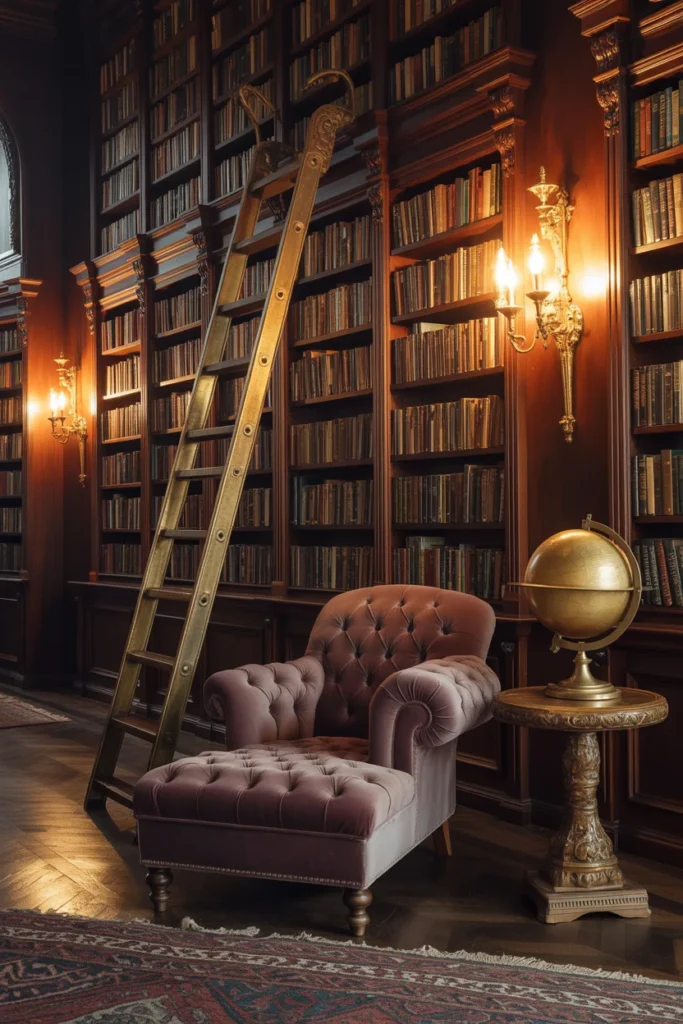 Floor-to-ceiling dark wood library wall with rolling brass ladder, burgundy velvet chaise lounge, and vintage wall sconces