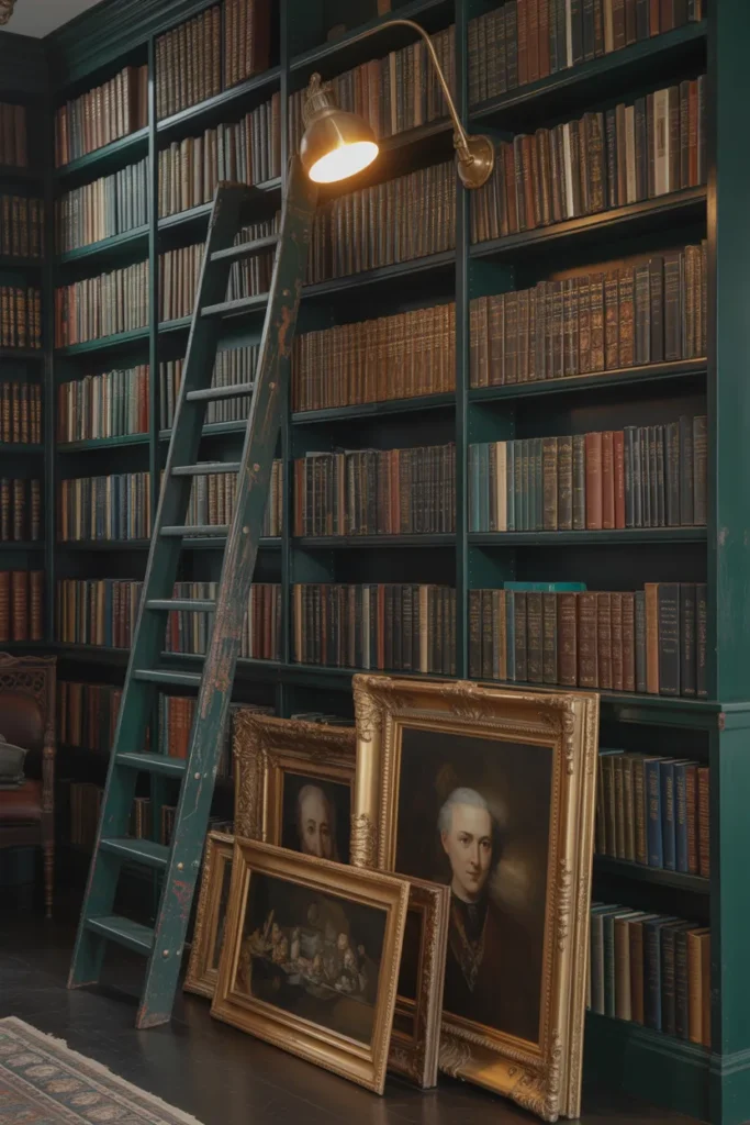 Floor-to-ceiling green bookshelves filled with vintage books in a dark academia maximalist reading nook