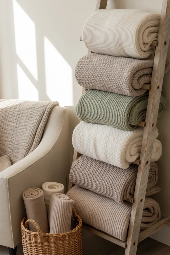 Folded reading nook throw blankets stored on wooden ladder shelf and in wicker basket next to armchair.