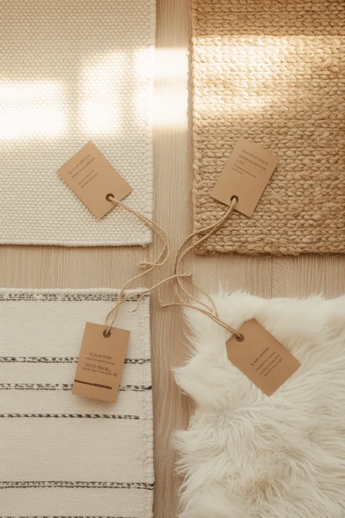 Four reading nook rug material samples including wool jute cotton and faux fur on a wooden floor