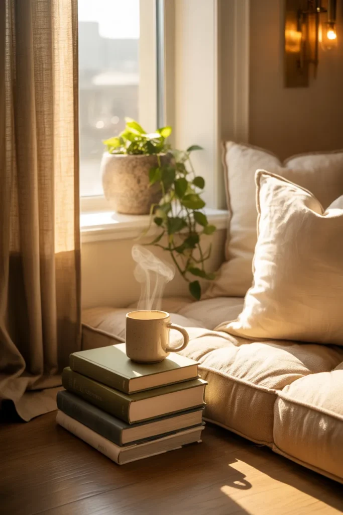 Fully styled cozy window seat reading nook with sconce lighting and cottagecore Scandi decor.