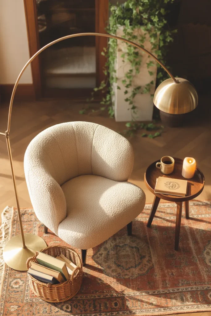 Fully styled reading nook with vintage rust rug cream armchair brass lamp and book basket