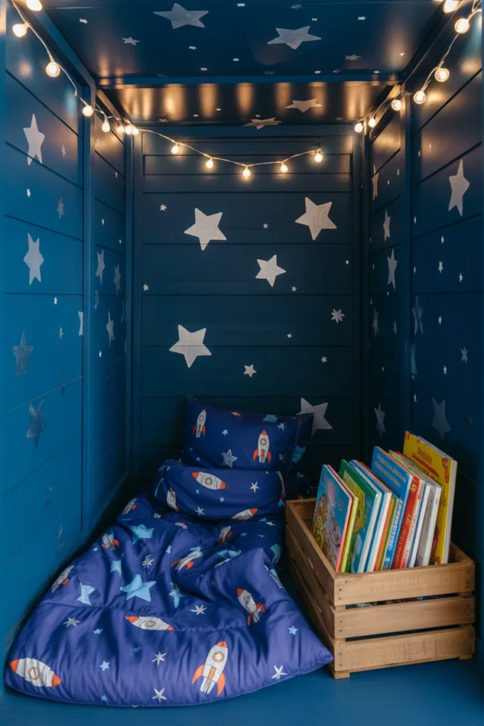Galaxy themed kids reading nook with star lights and navy walls — space reading corner ideas for children