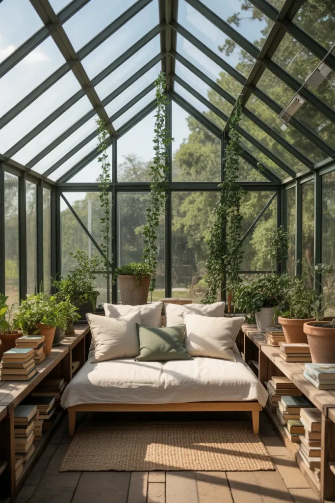 Greenhouse converted into a reading retreat with daybed, plants, and books — greenhouse reading nook idea.