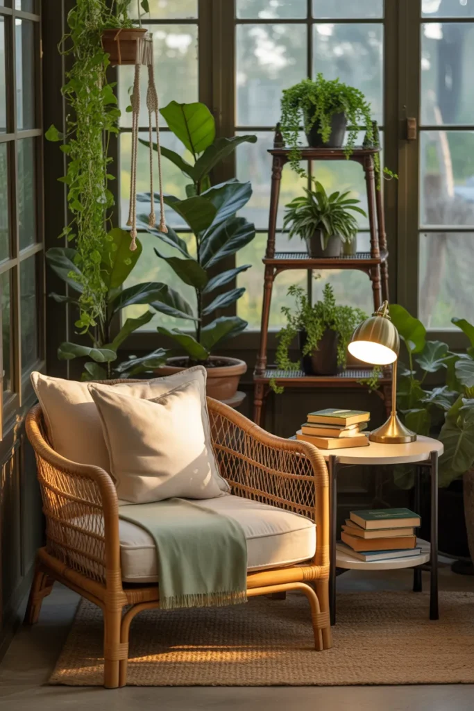 Greenhouse style sunroom reading nook with fiddle leaf fig, pothos, and rattan armchair.