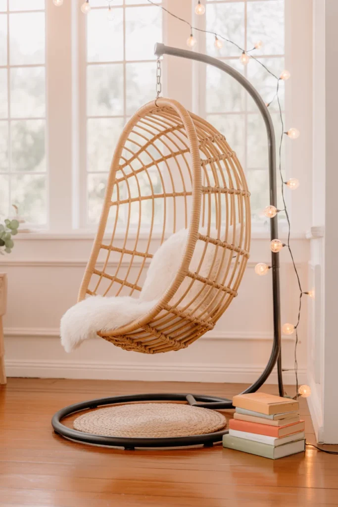 Hanging egg chair reading nook with fairy lights and books — statement reading nook chairs for book lovers