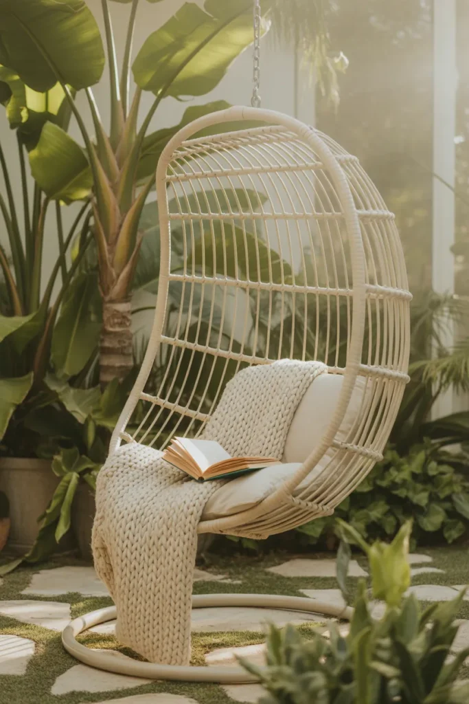 Hanging rattan egg chair with knit throw and book in a tropical garden corner — outdoor egg chair reading nook.