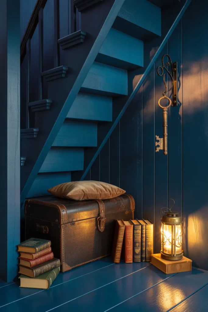 Harry Potter inspired under stairs reading nook with vintage lantern, leather trunk, and moody navy walls