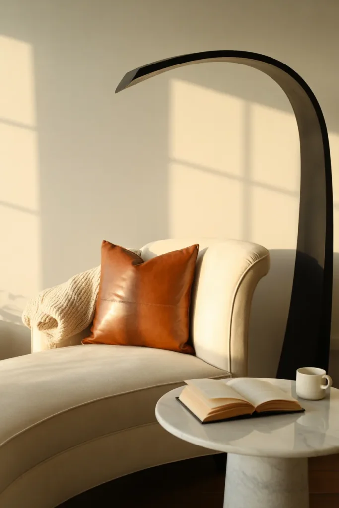 Home office chaise lounge reading nook with sculptural floor lamp and marble side table