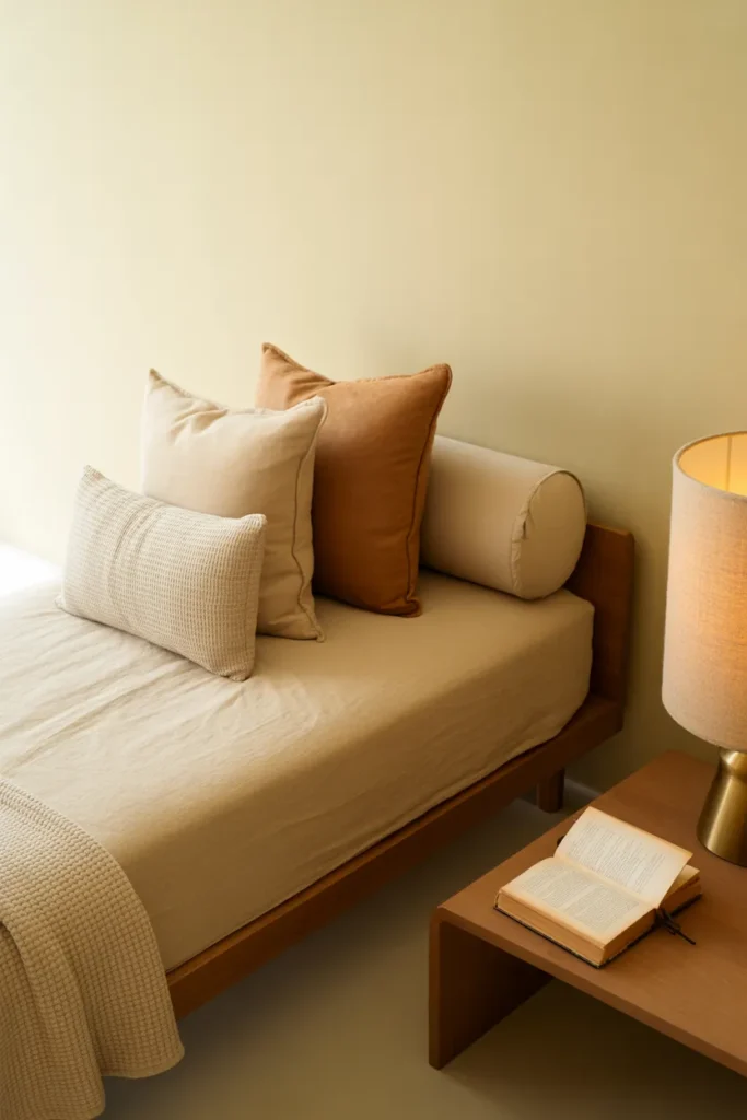 Home office daybed reading nook with linen cover and layered pillows