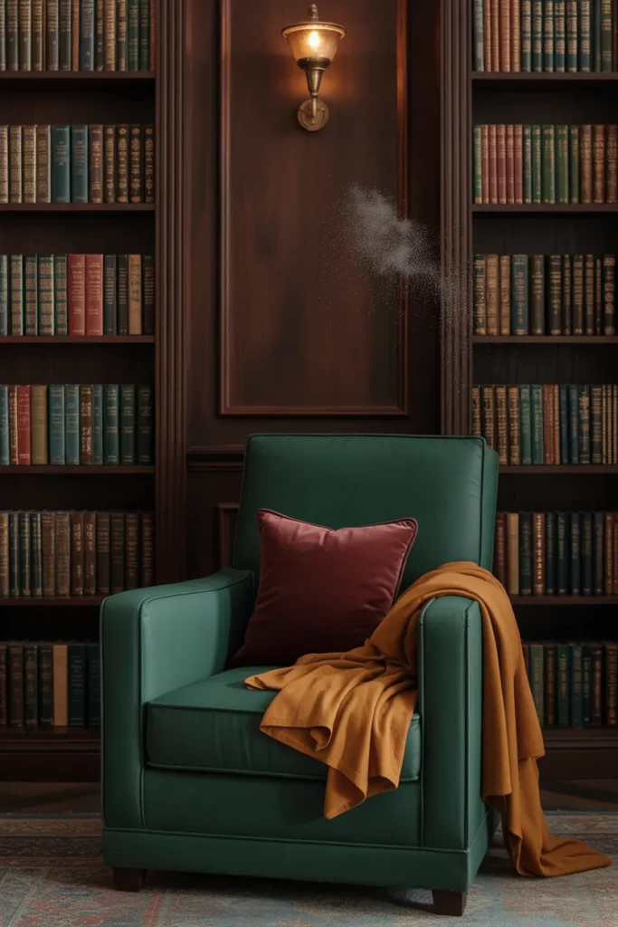 Home office reading nook between two bookshelves with green armchair and brass sconce