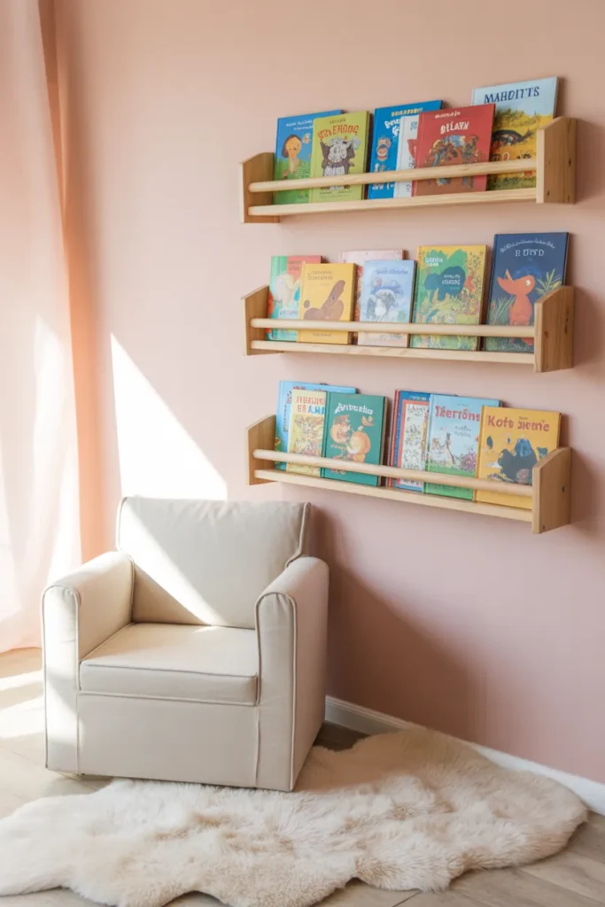 IKEA Bekvam spice rack hack as forward facing children's bookshelves for kids reading nook