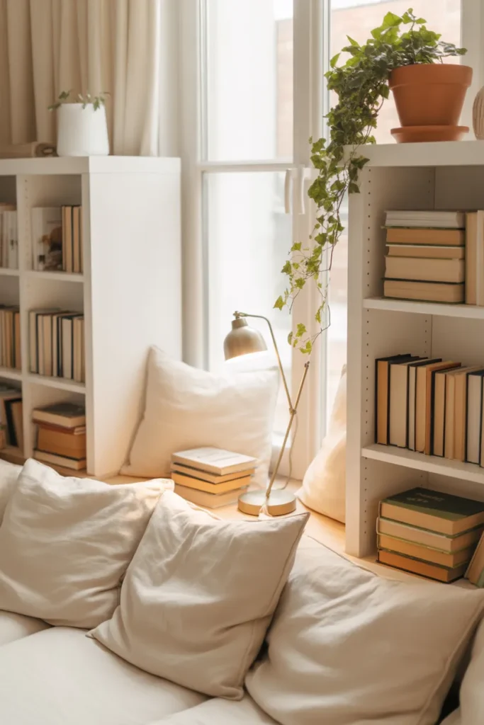 IKEA Billy bookcase reading nook hack with white built in bookshelves and cozy window seat