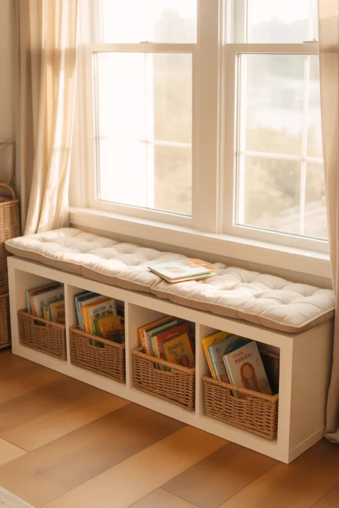 IKEA Kallax window seat hack with bench cushion and hidden book storage