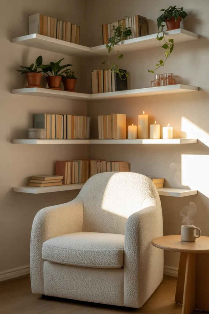 IKEA Lack shelf reading nook corner with armchair and floating bookshelves