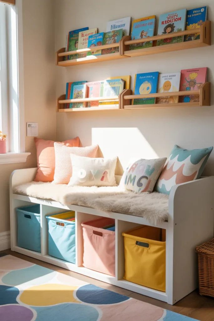 IKEA Smastad kids reading nook with storage bench and wall mounted book ledges