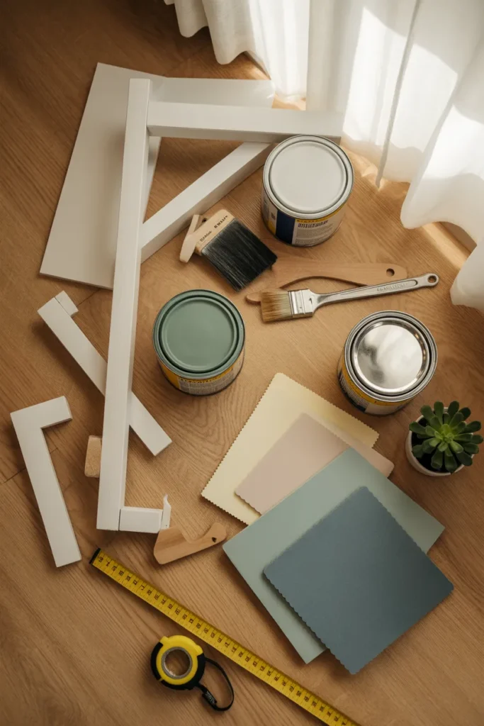 IKEA reading nook DIY build supplies flat lay with paint trim and cushion materials