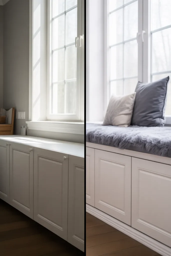 IKEA window seat hack using two BESTÅ cabinets transformed into a built-in reading nook bench.