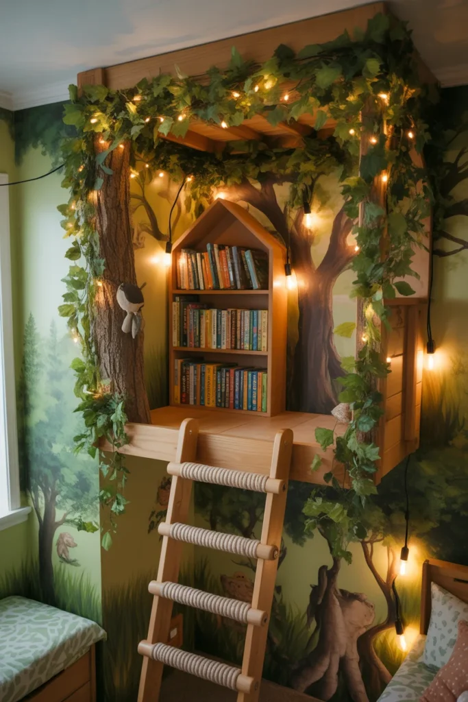 Indoor treehouse kids reading nook with fairy lights and rope ladder — magical reading hideaway for children