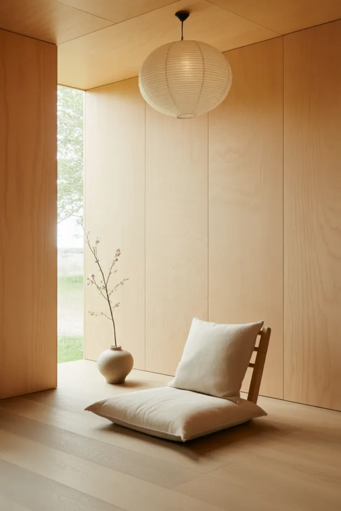 Japandi reading shed with birch walls, low floor chair, and white paper lantern