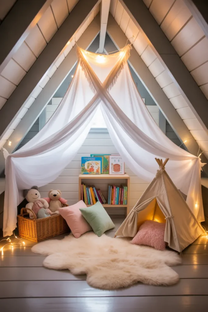 Kids attic reading nook with canopy, teepee and pastel cushions under slanted ceiling
